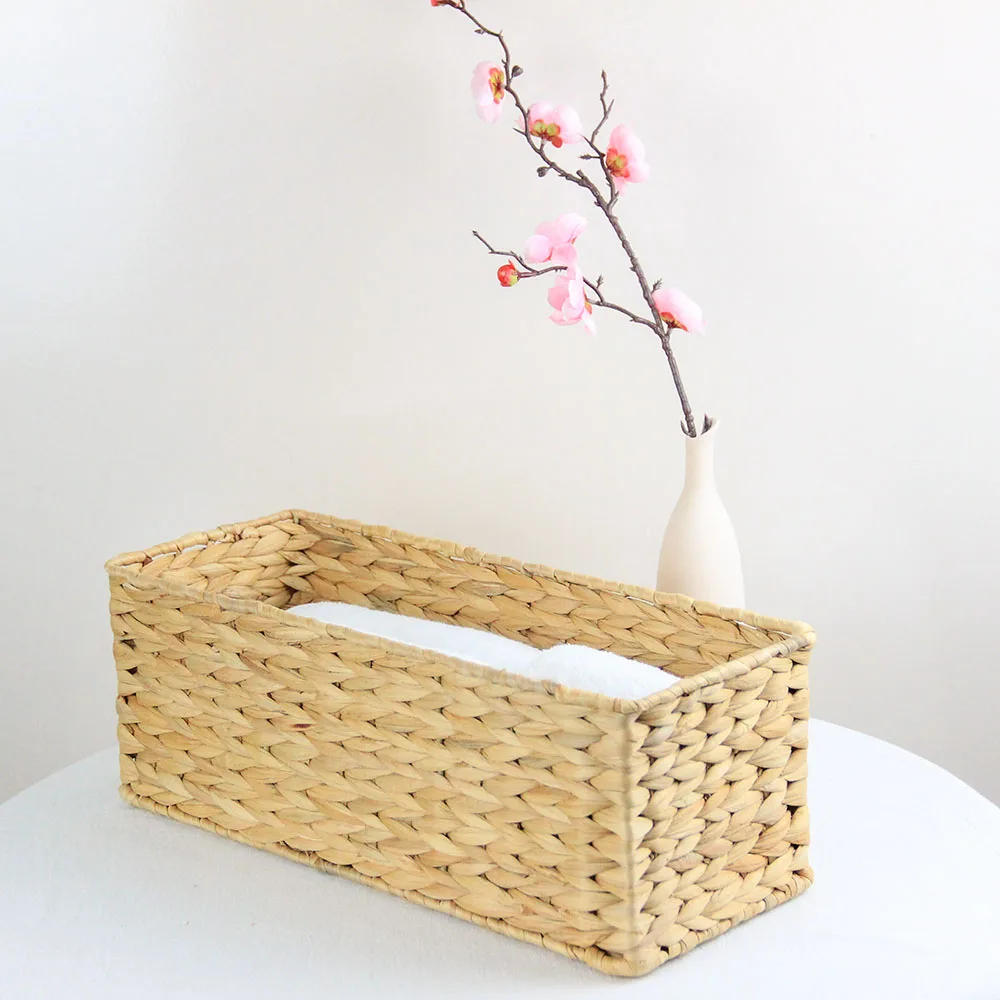 Hight Quality Storage Baskets With Wood Handles Made With Water Hyacinth Rectangular Shape Picnic Basket