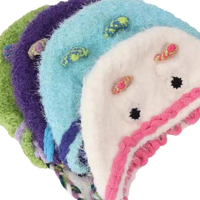 2024 Spot wholesale new cartoon cute plush ear protection little monster knitted hat personality fashion handmade wool hat