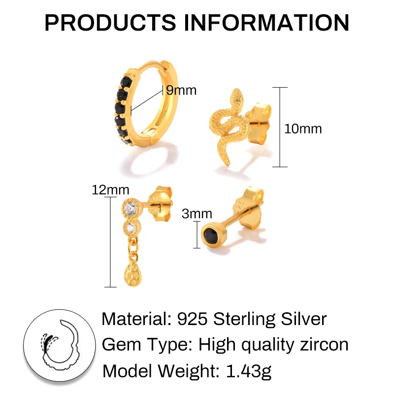 QLEESI Women Jewelry S925 Sterling Silver White Black Diamond Snake Shape Hoop Stud Earrings Set