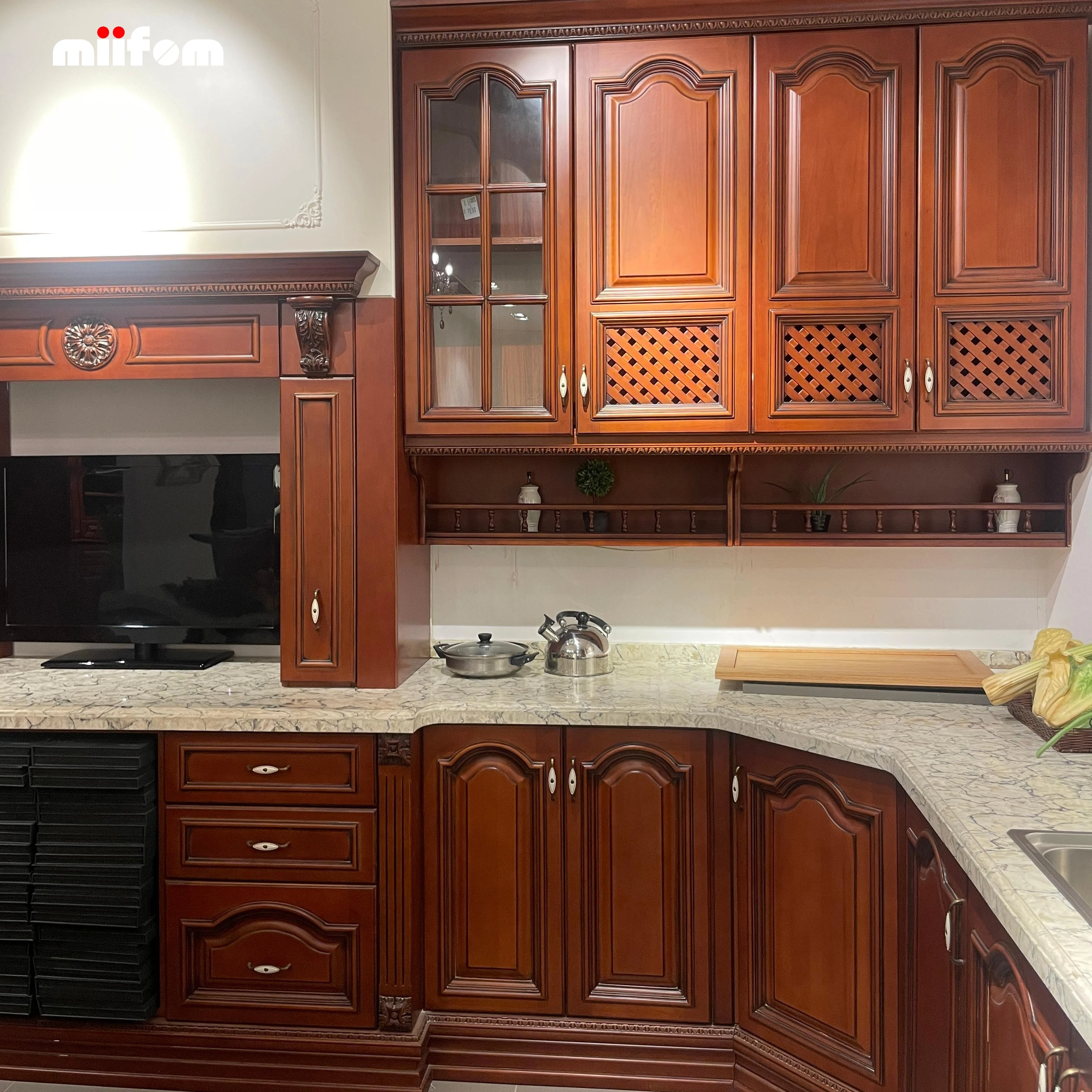 Vintage style red solid wood painted furniture, kitchen cabinets with irregular arcs