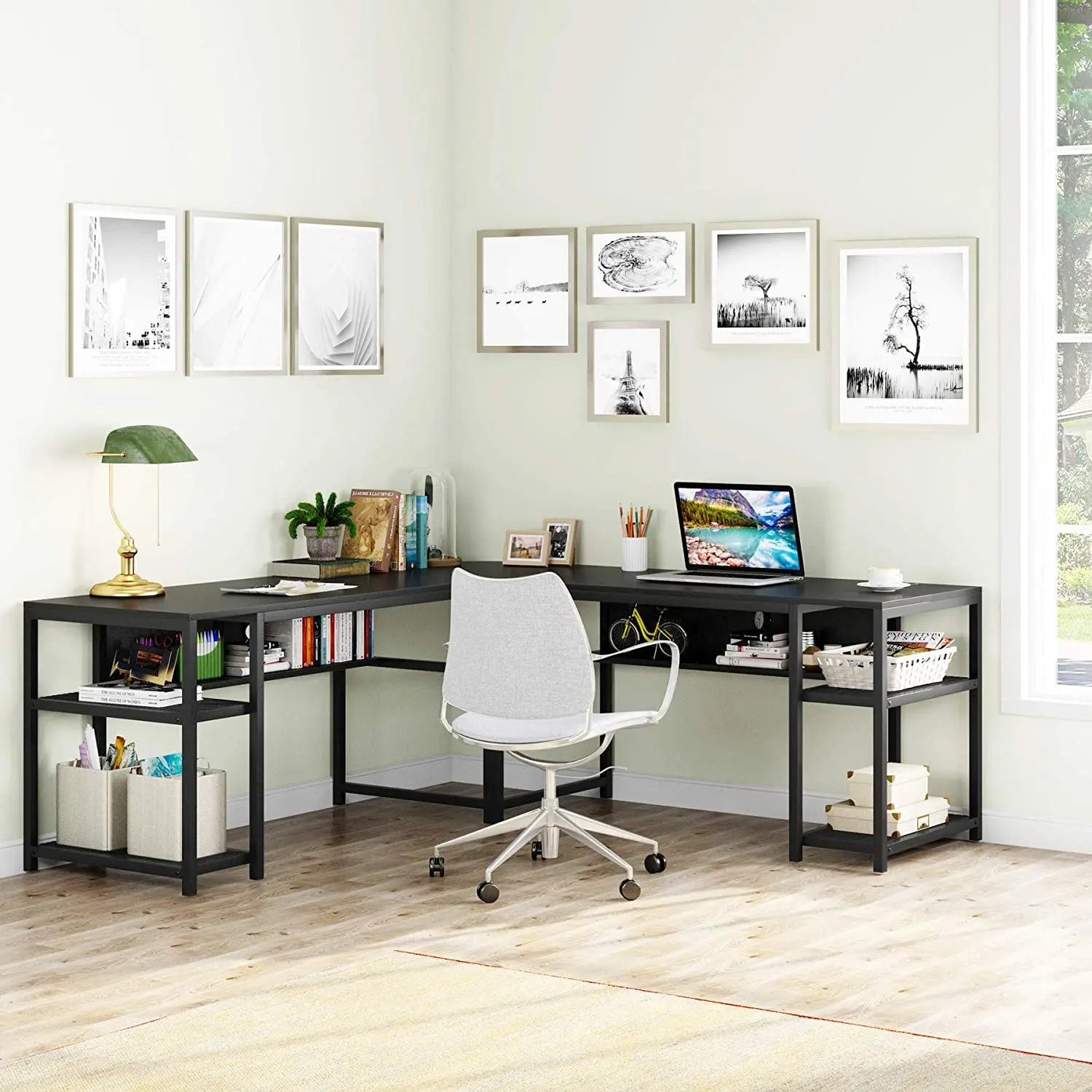 
L Shaped Desk Reversible Corner Computer Desk with Shelf and Stand, Gaming Desks Space Saving Home Office Workstation Table 