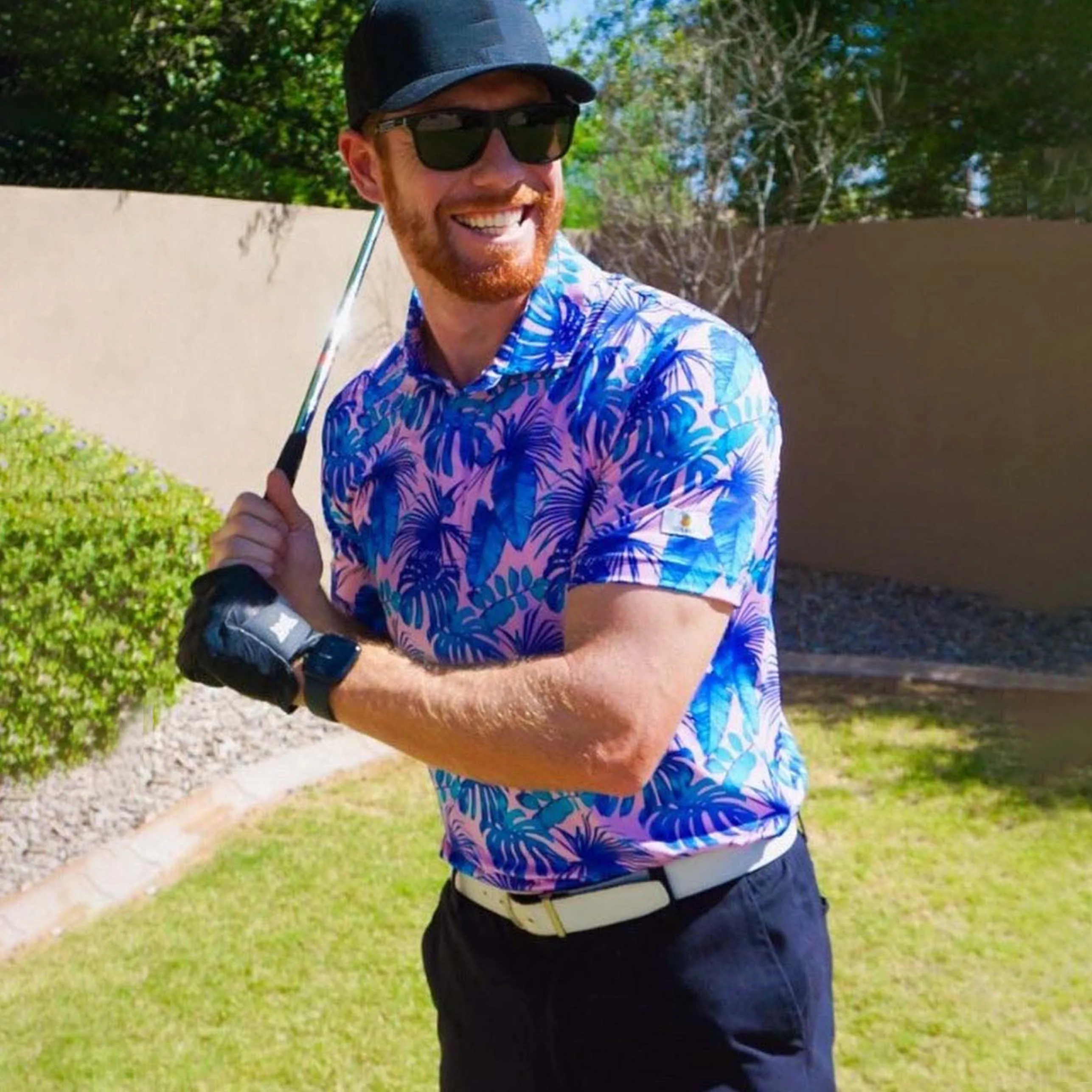 Custom-golf-shirt high quality camisas polyester polo men pink palms breasy apparel tropical palm tree golf clothes shirt bamboo