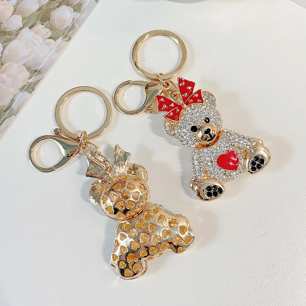 Custom Creative Bear Pendant Light Keychain Rhinestone Crystal Handbag Decorative Metal Keychains with Bow