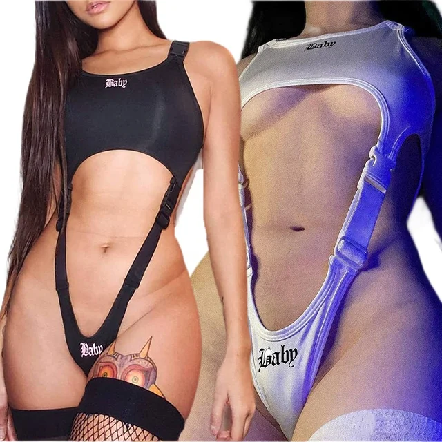2022 New Fashion Sexy Club Letter Print Buckle Overalls Strap Suspender Jumpsuit Shorts Hollow Out Romper Bodysuit