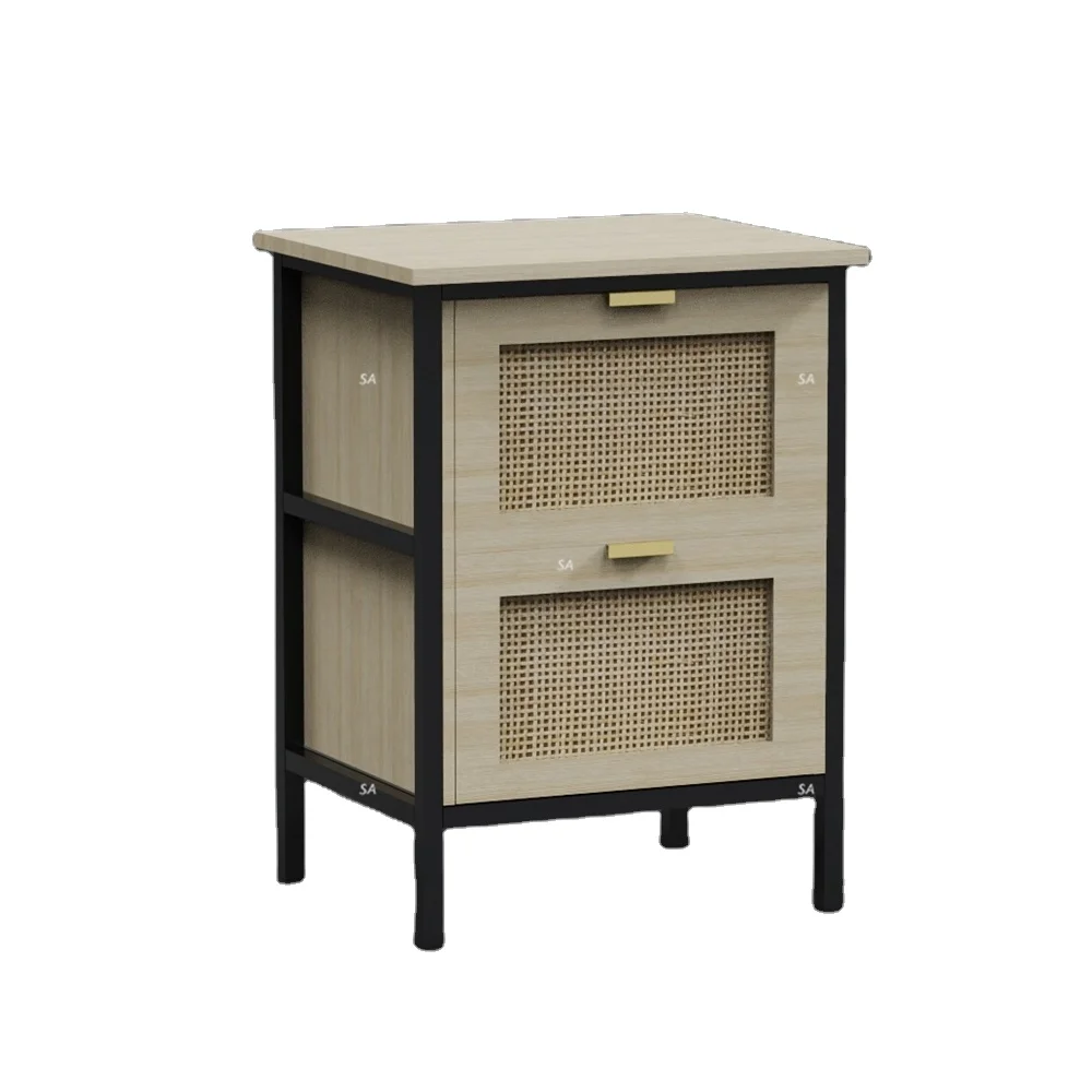 Retro Decoration Storage Metal Frame 3 Tier Rattan Drawer Storage Bar Cart Cabinet Home Living Room Furniture