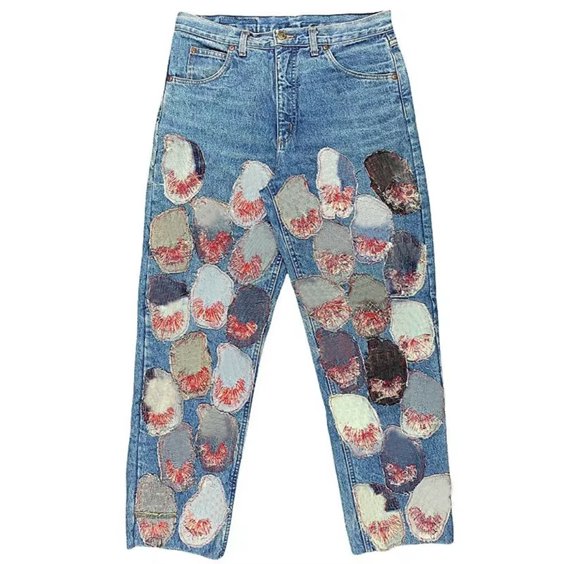 Fashionable Customized  Patches Embroidery Loose Straight Light Blue  Baggy Straight   pants Loose long Wide Leg Jeans