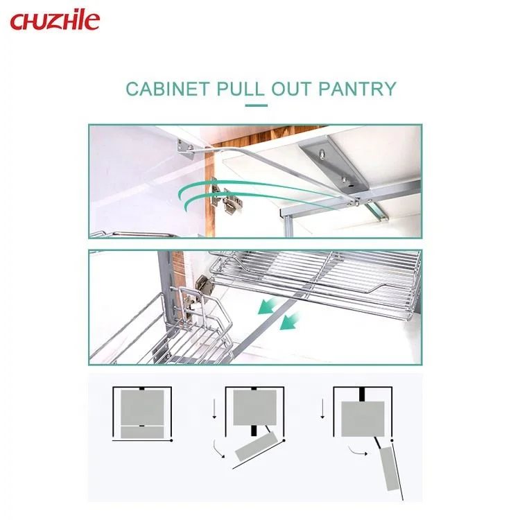 Factory Directly Selling ChuZhiLe Kitchen Storage Metal Wire Basket Pantry Unit Tall Cabinet Pull Out Basket