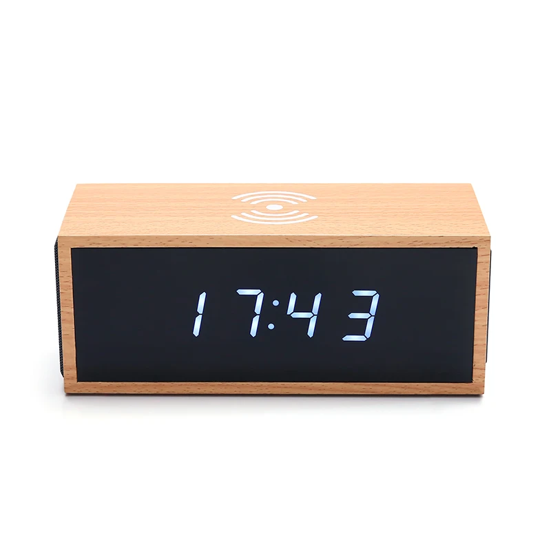 Wooden Acrylic Mirror LED Display Wireless Charger Speaker with Alarm Clock