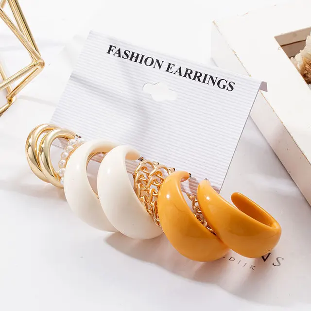 New Vintage Pearl Ear Ring C- Shaped Earrings Suit 5 Simple Diamond Geometric Alloy