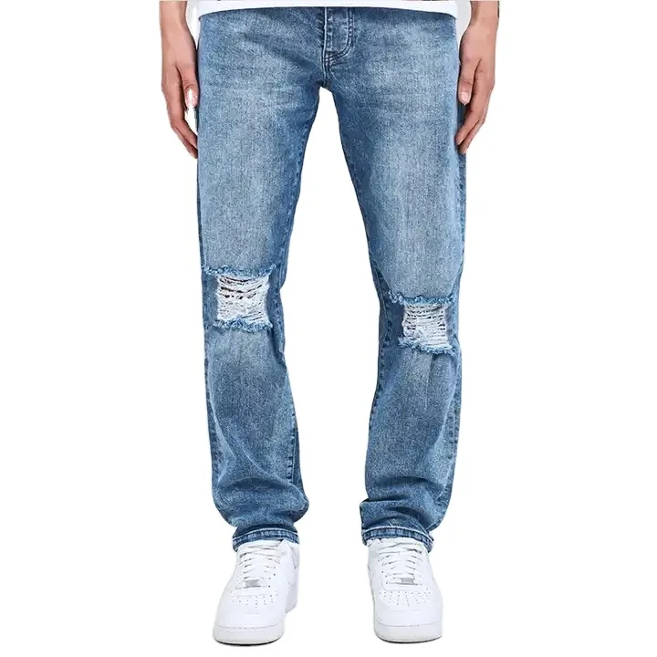 Good Quality Jeans For Man China Factory OEM Wholesale Fashion Streetwear Slim Trousers Stretch Ripped Design