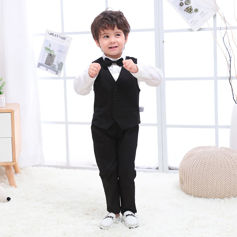 Special design white shirt black vest overalls three-piece baby boy formal clothing dress boys suit set