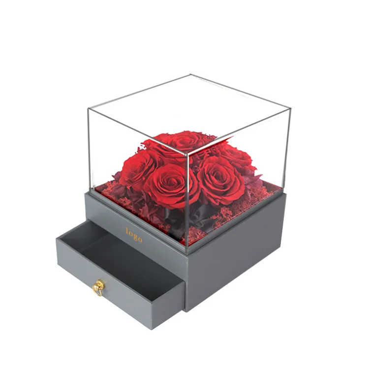 
Custom logo transparent acrylic square artificial flower gift box rose flower storage box with drawer 