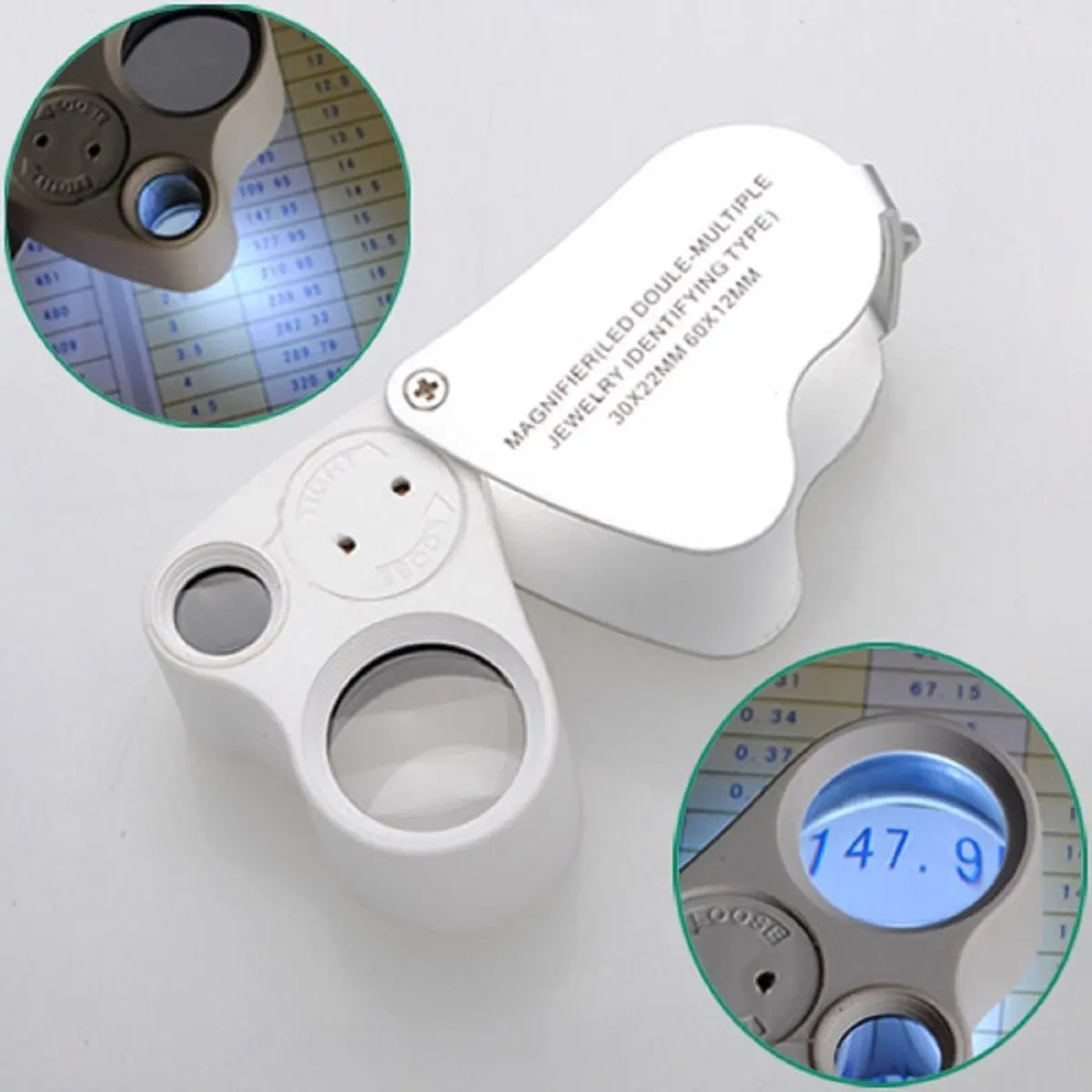 30X 60X Foldable Mini Double Jewelry Magnifying Glass LED Light Jewlery Magnifier Loupes for Gems Coins Stamps Observation