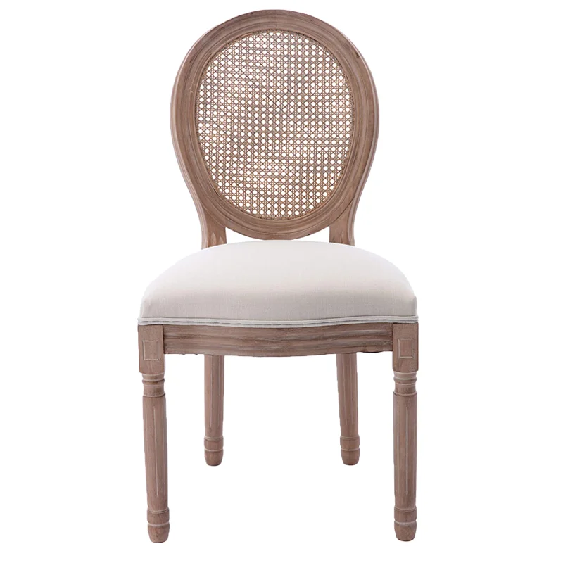 
French country new design indoor oak wood round cane rattan back dining chair 