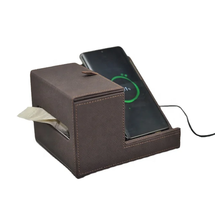 
Desk Holder PU Leather Desktop Organizer with 10W Wireless Charger Tissue box for coffee shop BAR 