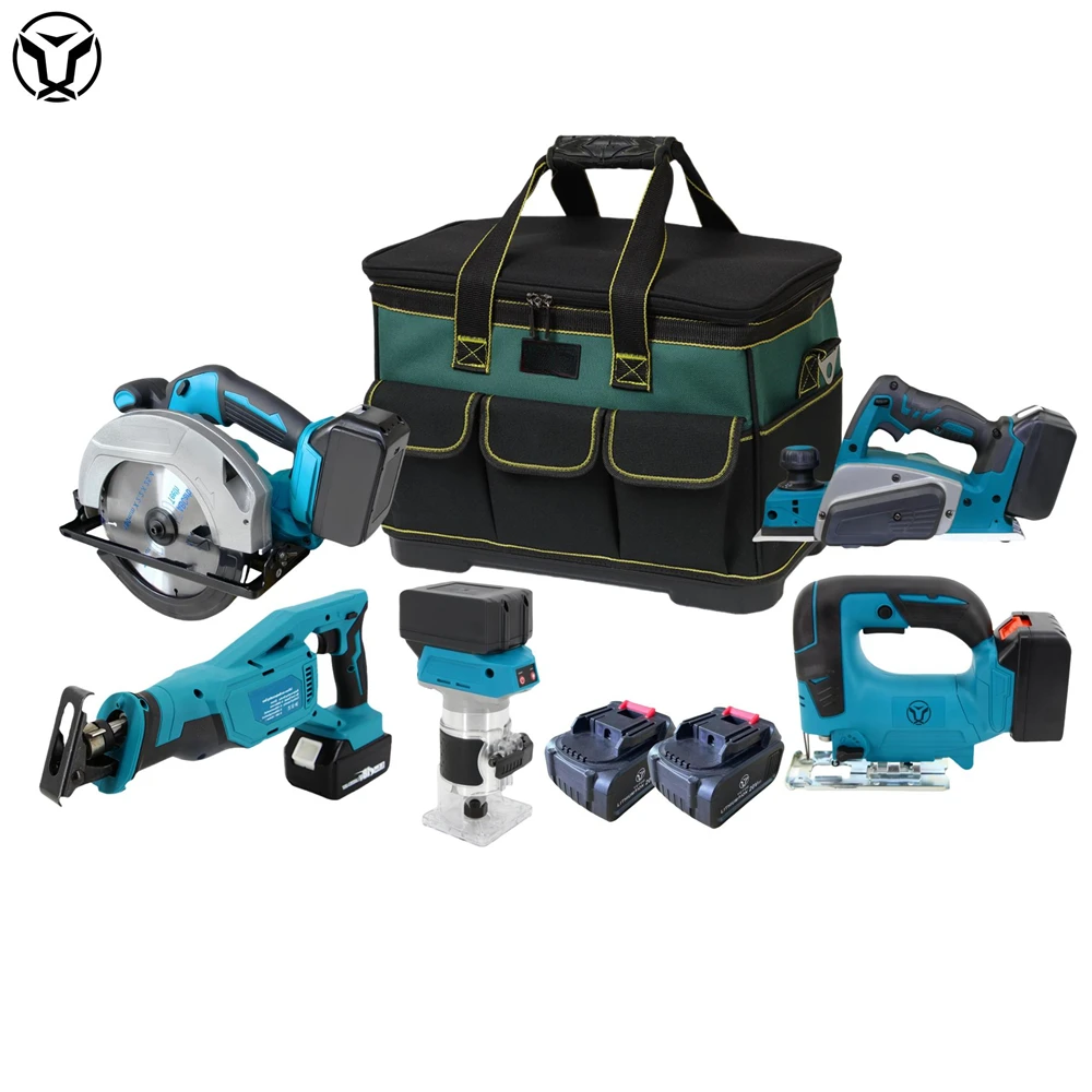 YUTUO 5 pieces wood working electric tool set lithium battery cordless carpenter power tool combo kit for man with tool bag