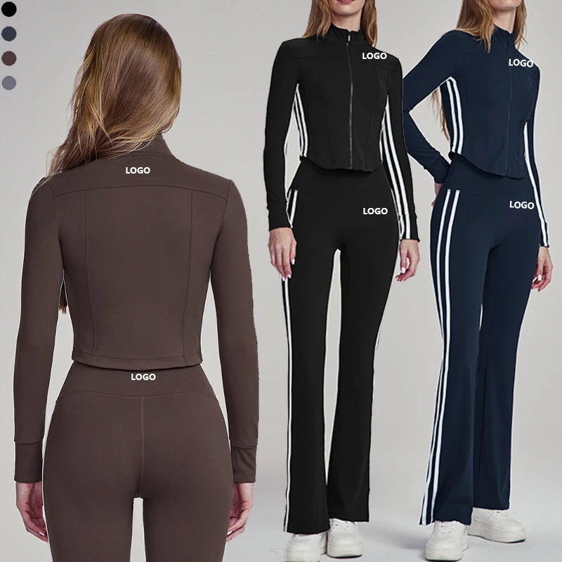 XW-DWPS124105+DWJS1241 New style casual slim jacket white lines on both sides sports pants running yoga and gym set for women