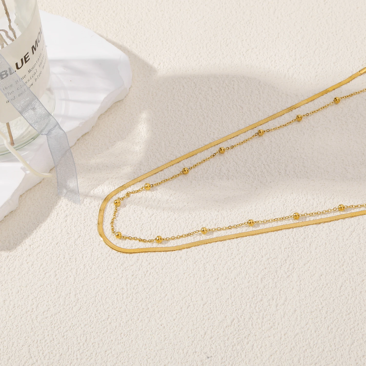 Double Layer Necklace Stainless Steel Chain Choker for Women, 18K Gold Plated Snake Bead Chain Link Necklaces