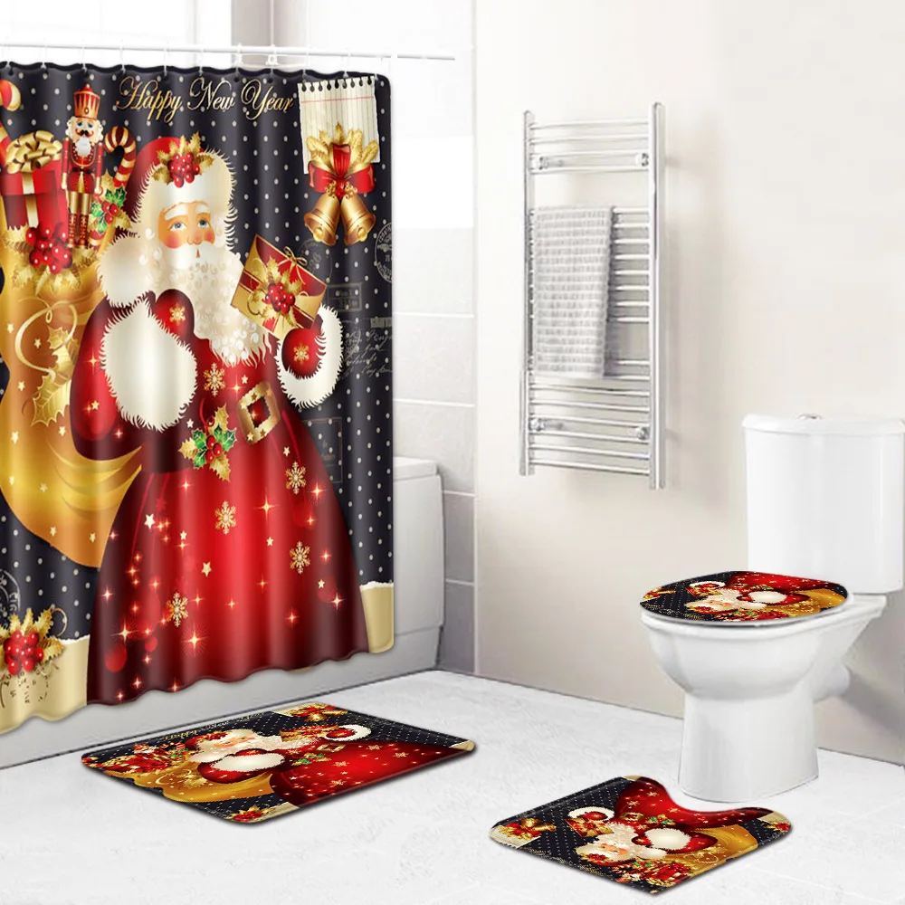 Christmas shower curtain floor mat combination of four sets toilet toilet carpet shower room mat foot mat cross border hair