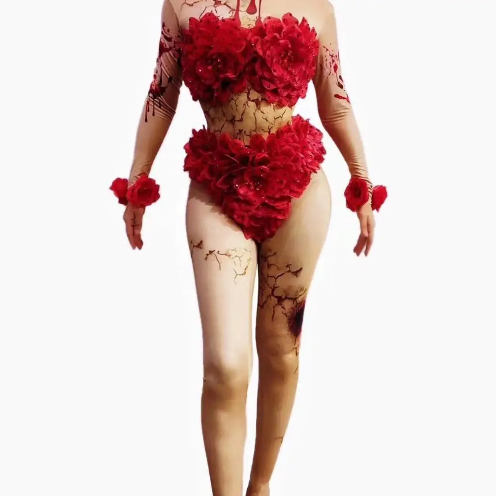 Female Ghost Role-playing Cosplay Costume Red Flower Skinny Jumpsuit Dance Outfit Halloween Rave Festival Party Club Bar Clothes