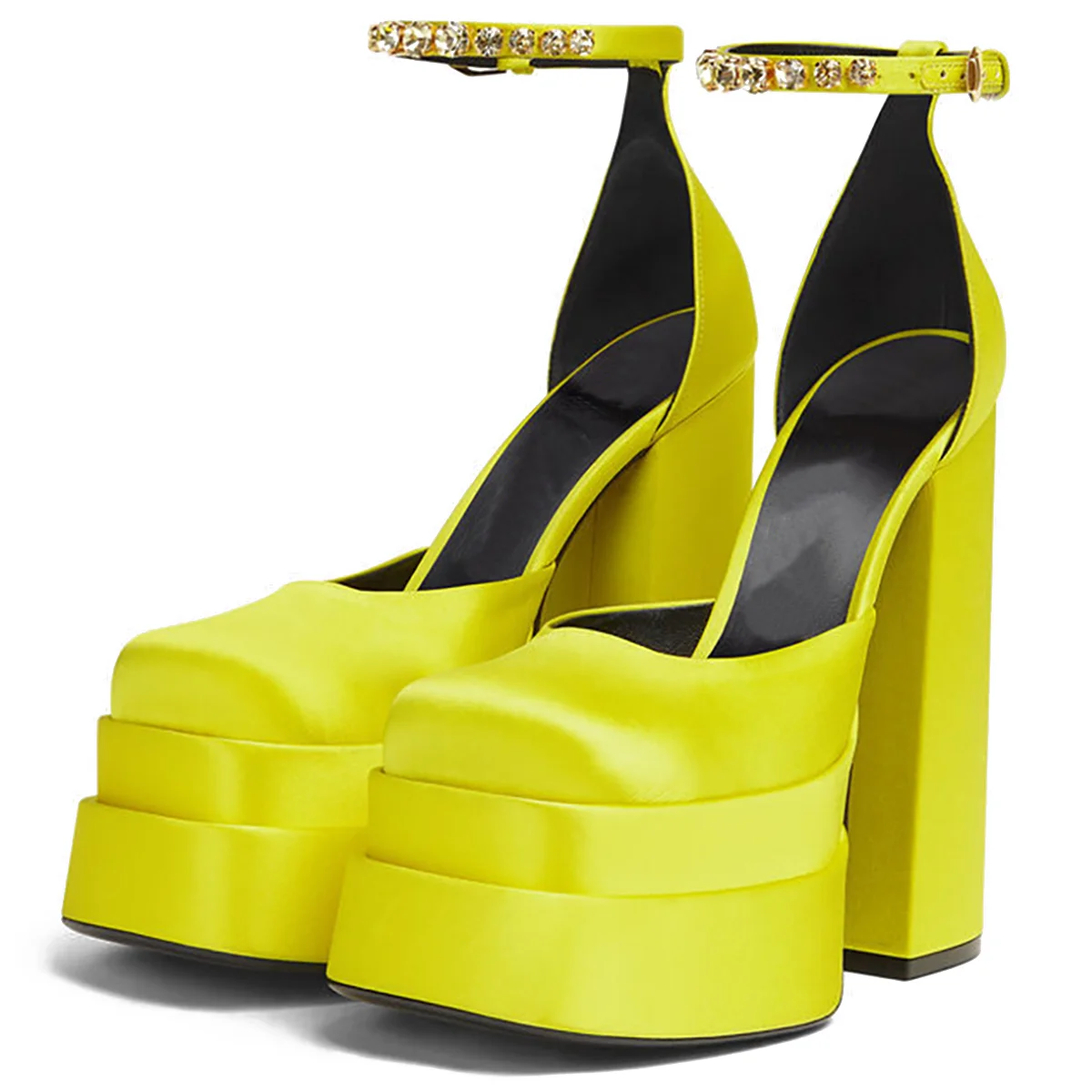 Customized Double Platforms Women Satin Chunky Heel Pumps Squaer Toe Rhinestone Ankle Strap Fashion Party Shoes Wholesale