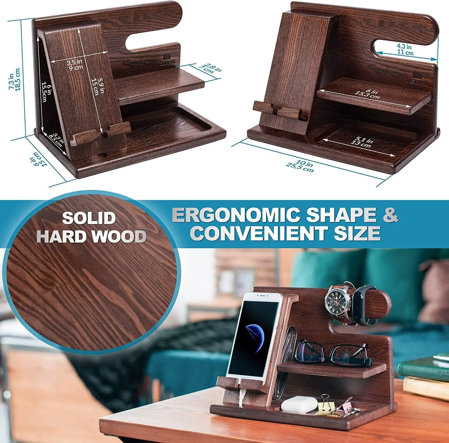 Desktop wooden key holder wallet stand watch organizer, mobile phone bamboo charging dock stand station