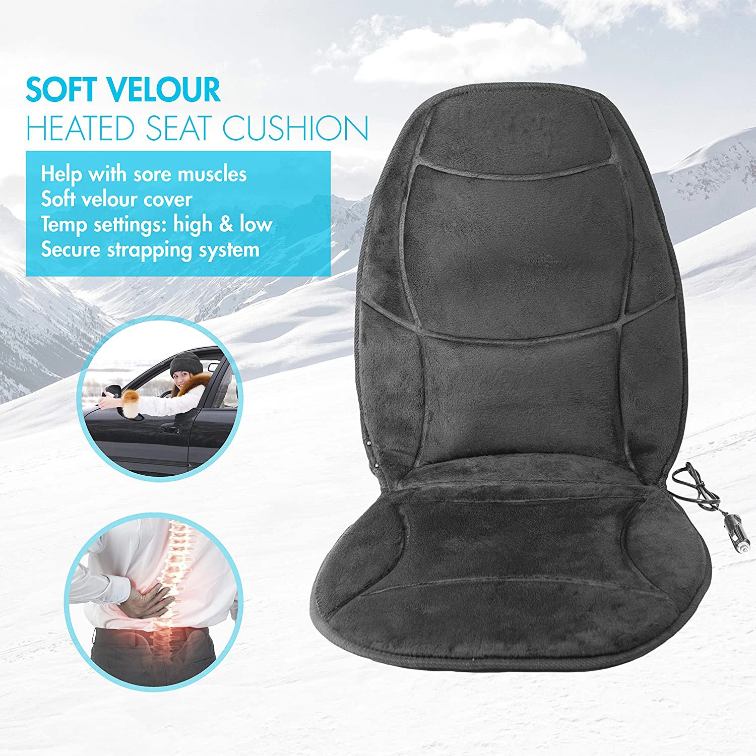 Black Soft Warm Velour 12V Seat Cushion With Lumbar Support Cushion Soft Cover Pad Warming Car Seat