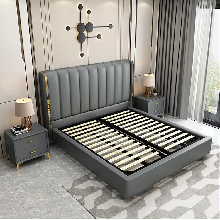 Comfortable leather upholstered luxury queen king designer bed sets room furniture