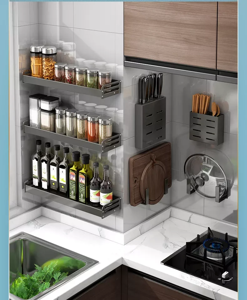 Kitchen Shelving Wall-mounted Hole-free Household Seasoning Supplies Complete Tool Rest Rack Multi-functional Storage Rack