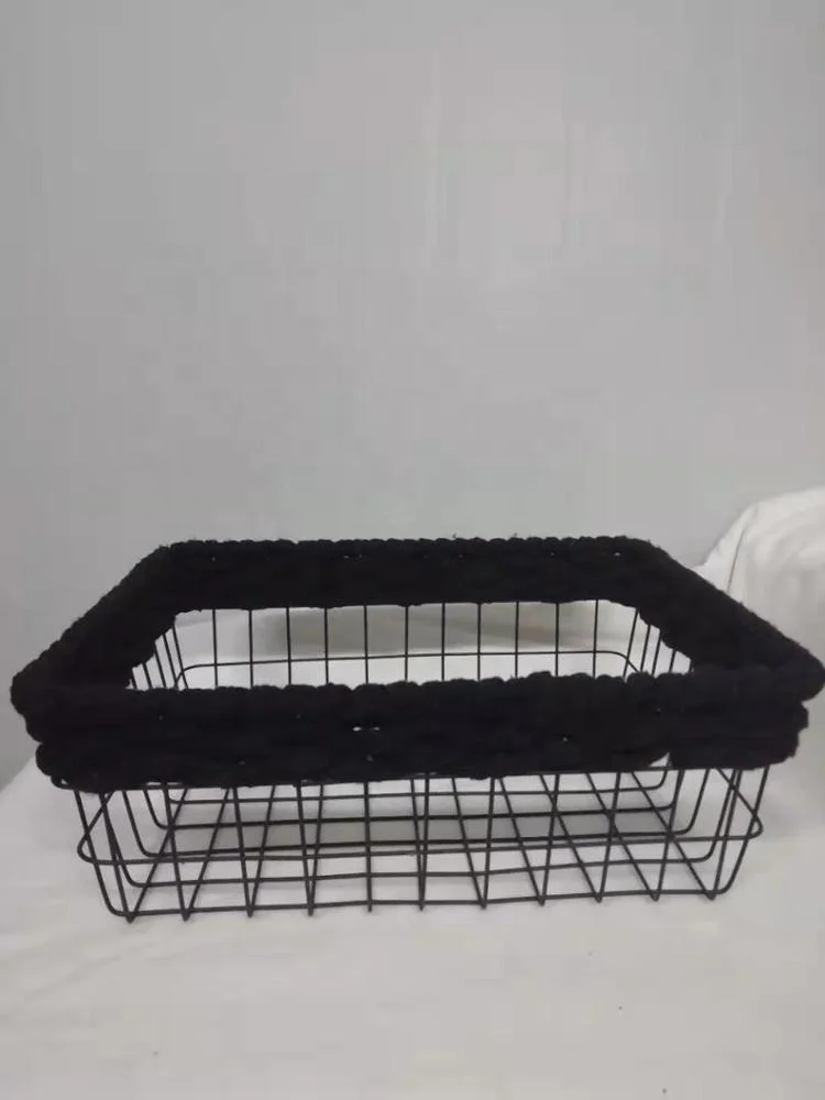 China manufacturer black wire storage basket with cotton rope woven on the top