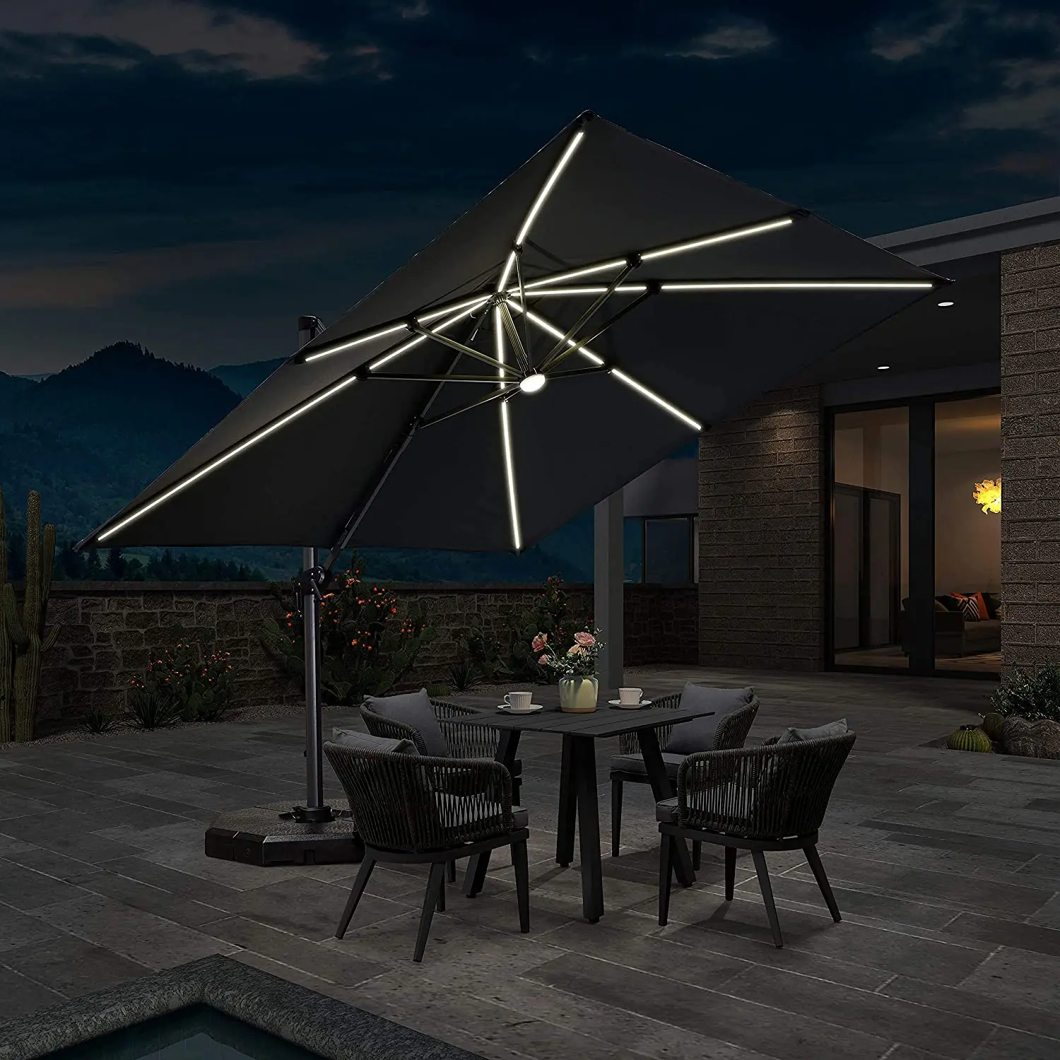 Luxury 3*3m square waterproof windproof outdoor umbrella roman parasol with lighting for garden