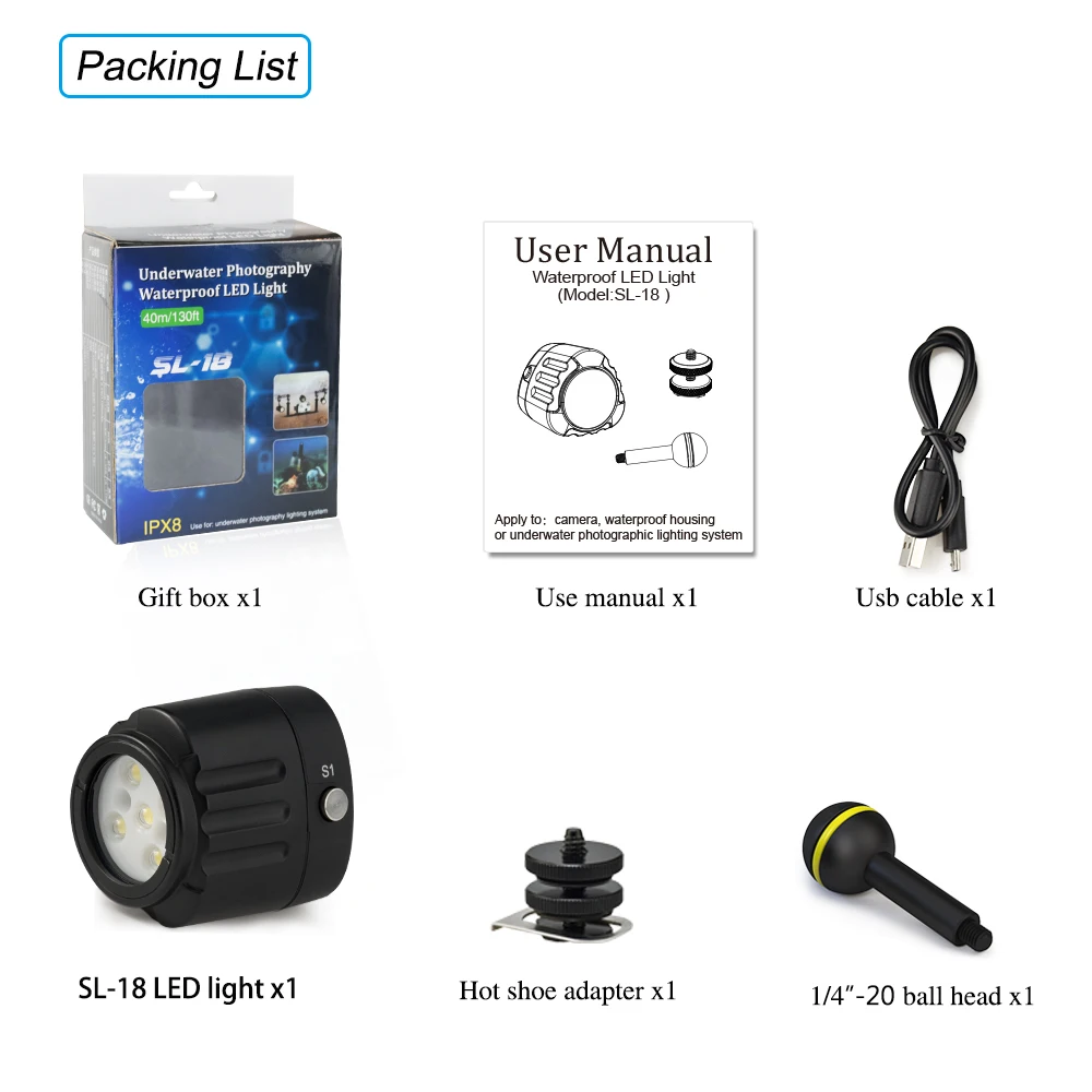 Seafrogs SL-18 40m Underwater LED waterproof full light  Flashlight 1000LM for Diving Photography Camera Accessories