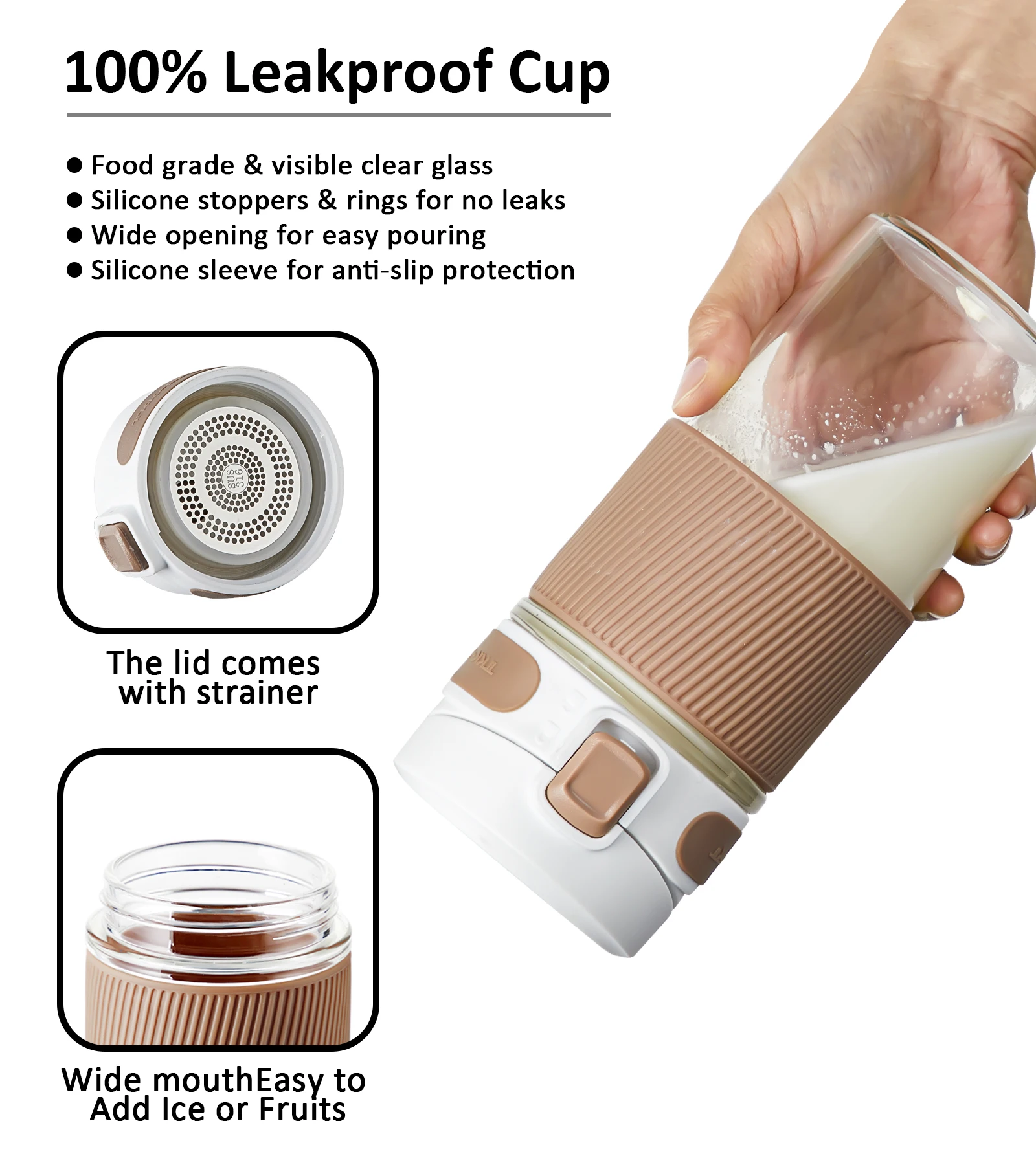 16 OZ Leak Proof Reusable with Silicone Sleeve - BPA Free Coffee Cup Glass Coffee Mug