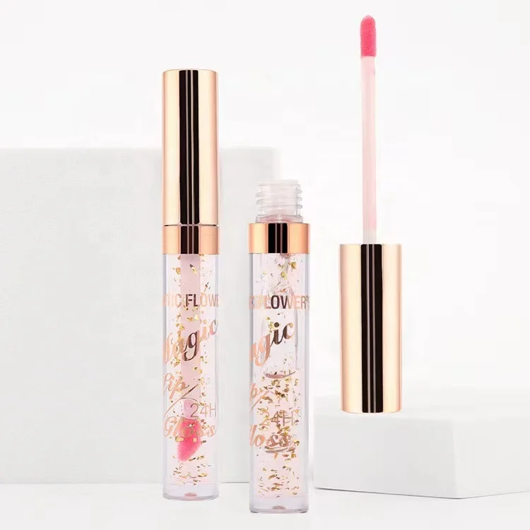 New Product Flower Transparent Color Changing Gold Foil Lip Gloss 24H Magic Lip Oil Red Moisturizing