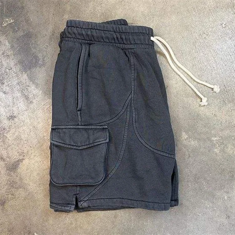 Custom Embroidered Logo Sweat Shorts Drawstring Multi Pocket Drawstring Black Cotton Acid Washed Cargo Shorts For Men