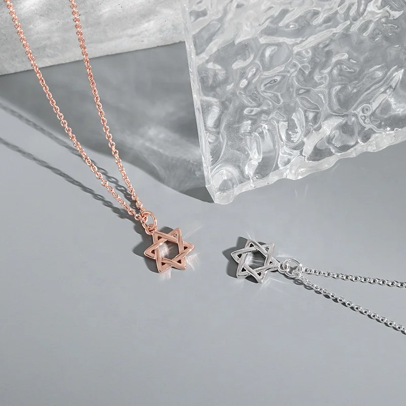 14k Gold plated Jewish Gold David Star Necklace Neutral Hex Star Heart Lucky Necklace 925 sterling silver