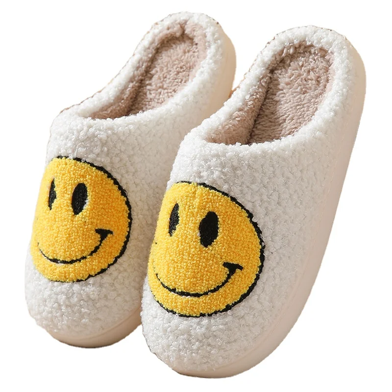 Unisex Winter Smiley Face Pattern Home Slippers Indoor Flat Warm Happy Face House Slides Cute Slippers