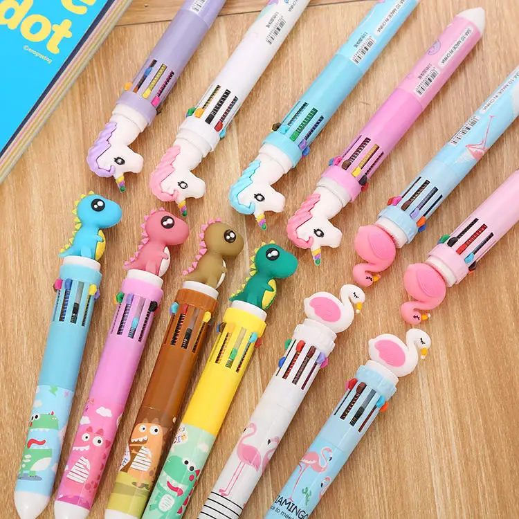 Korea Japan Creative Stationery 10 In 1 Multicolor Ballpoint Pens Cartoon Unicorn Flamingo 0.5mm Plastic Pen