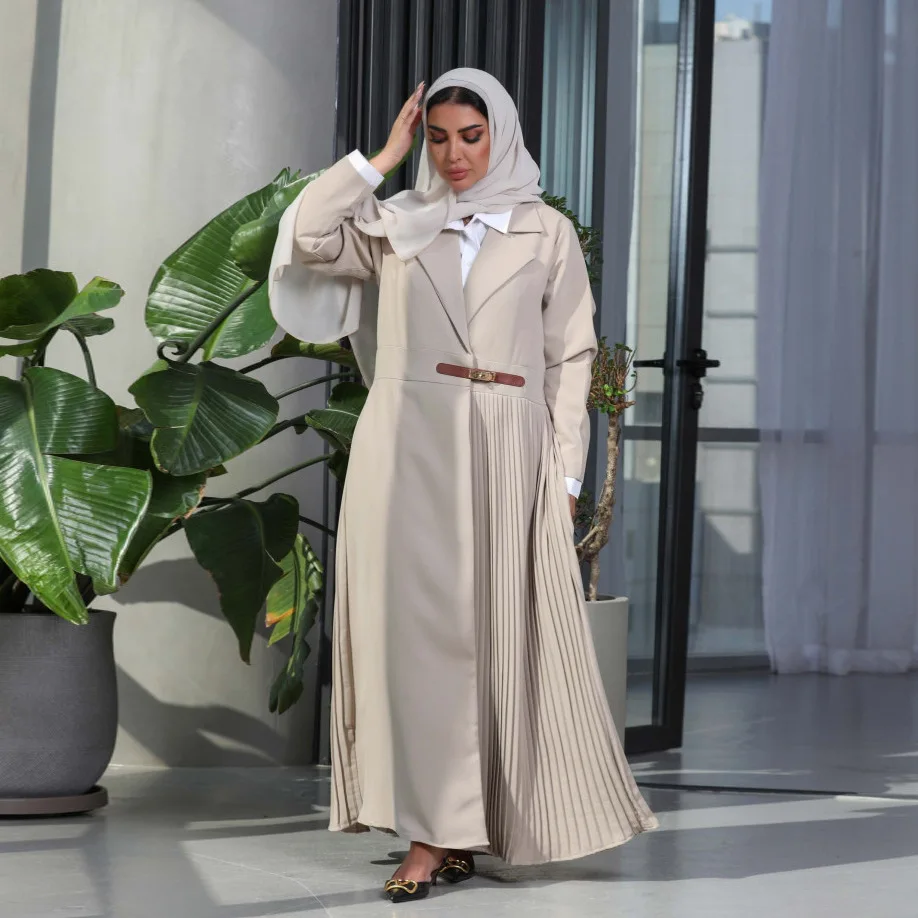 Turkish Dubai New Clothing Dress Kimono With Belted Fashion Pleated Suit Collar Cardigan Dress Muslim Open Front Abaya For Women