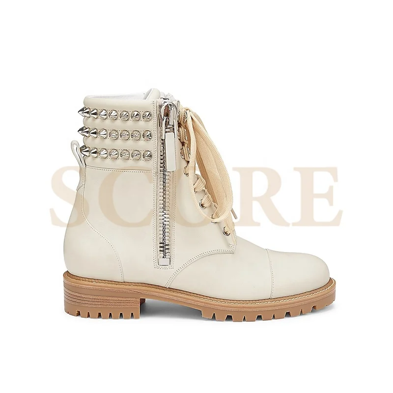 2021 Hot Selling Round Toe Side Zips Lace-up Vamp Spiked Trim Autumn Winter Combat Boots