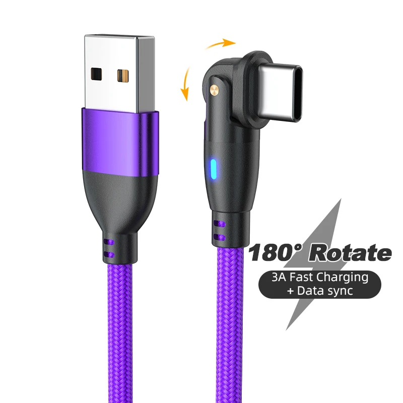 180 Degree Rotating USB to Type C Charging Data Transfer Nylon Cable L Shape and Straight 2 in 1
