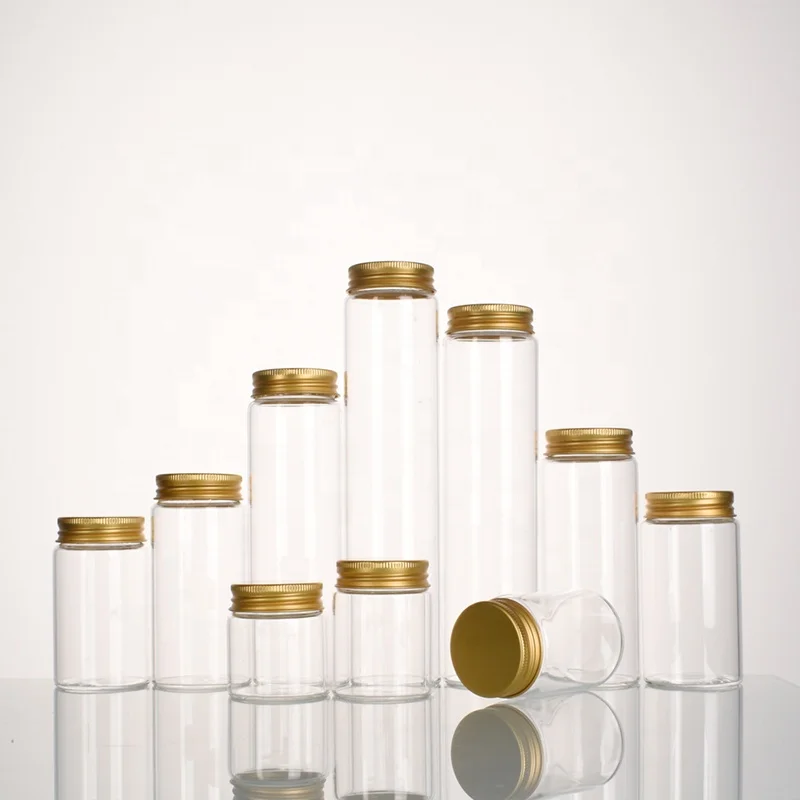 Ru Star Empty Round Clear 47mm Diameter Borosilicate Vitamin Supplement Container With Gold Aluminum Lid