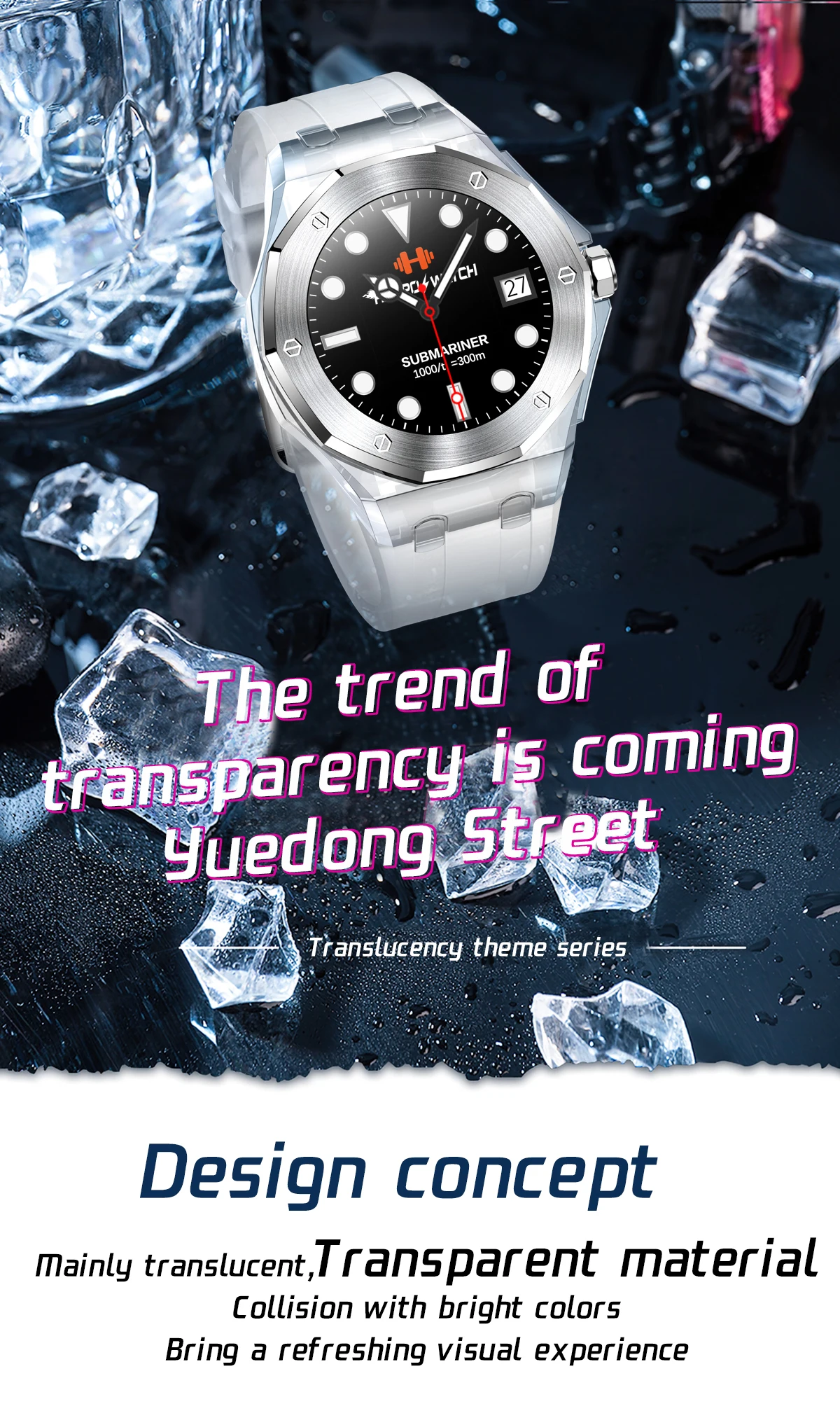 2023 New Fashion Blue Orange White Transparent Case Crystal Tough Material 3ATM Waterproof Smart Watch for Mens Watches