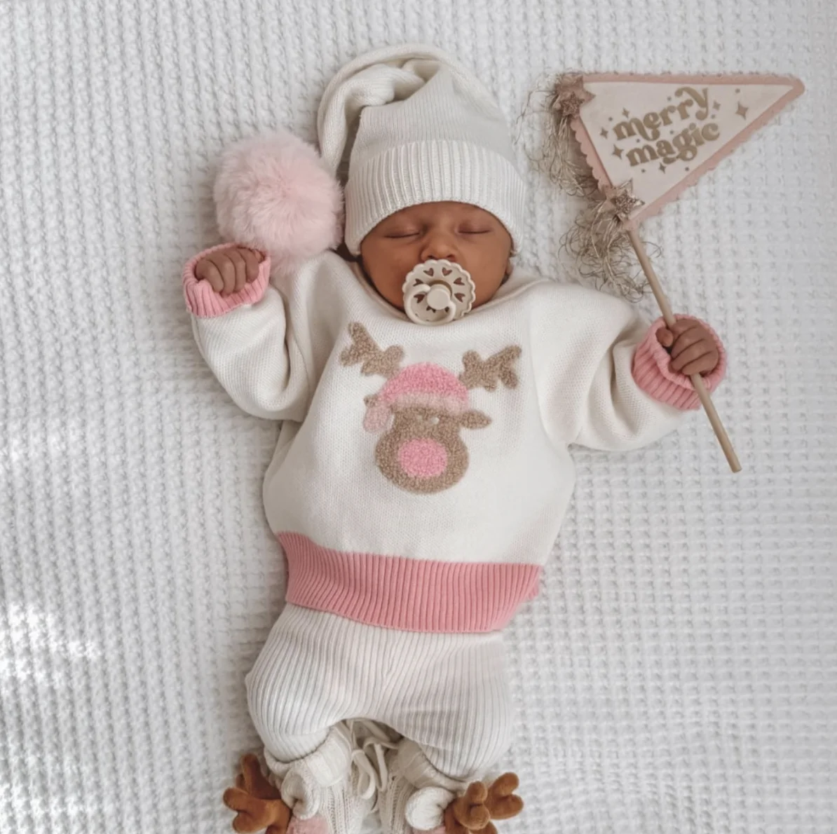 Newborn First Christmas Pink Pom Santa Beanie Oversized Long Knit Hat Perfect Headwear Accessory With Matching Booties Gift Set