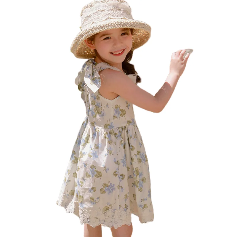 Summer South Korea Ins Dignified Hot Summer Kids Girls Floral Lace Dress Korean Style Baby Girls Sweet Vest Cotton Dress