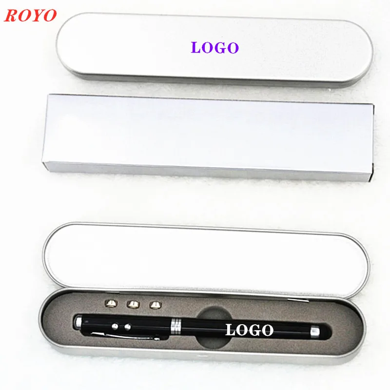 High quality 4 in 1 Pen Multifunctional  Logo with  iron case Light Up Pen Soft Touch Screen Stylus Led Laser Ballpoint Pen
