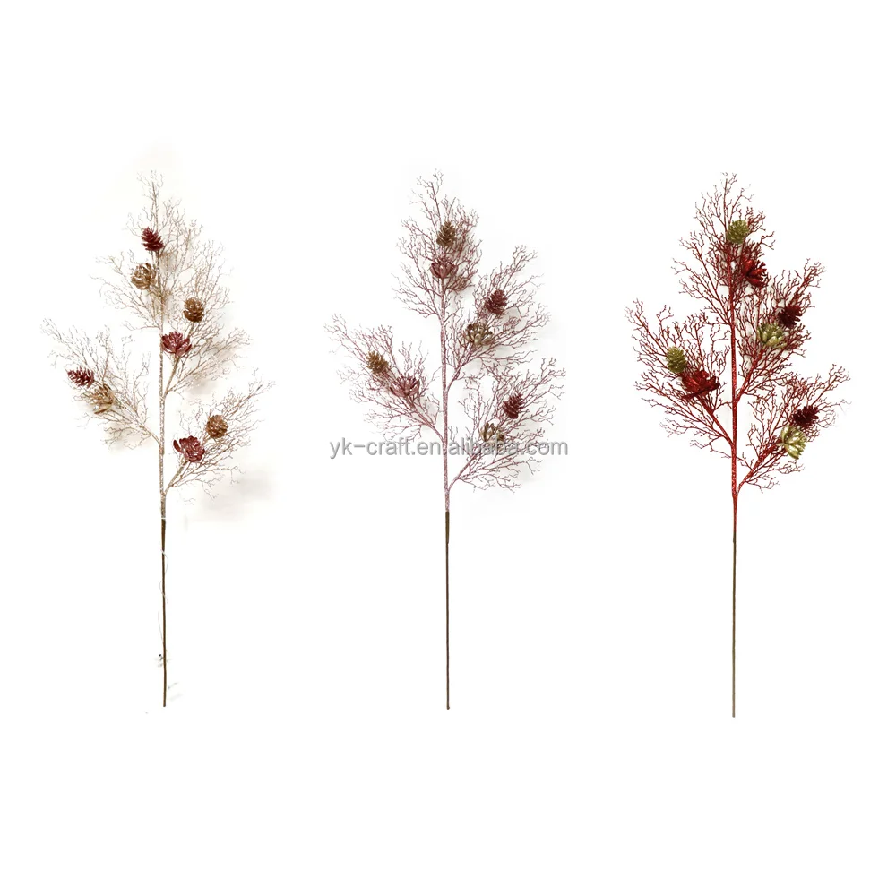 Wholesale Plastic Gold Leaves Picks Pine Cone With Red Flowers Spray Glitter Branch Xmas Decoration Long Pick With Led Lights
