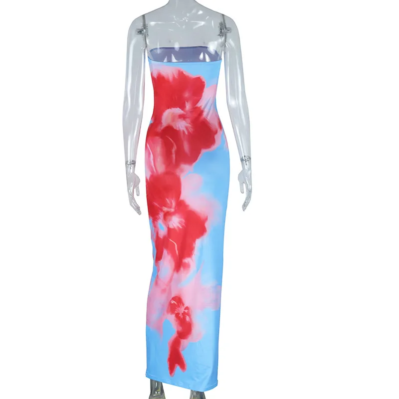 FS14434D women sleeveless strapless print maxi dress