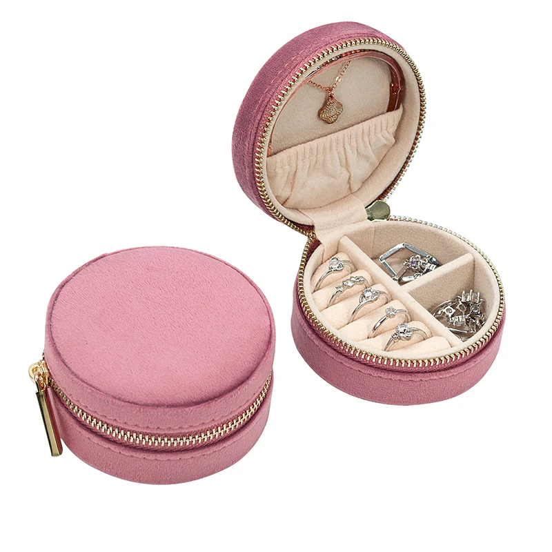 Dropshipping Round Linen Travel Jewelry Zipper Box Low MOQ Jewellery Case For Girls