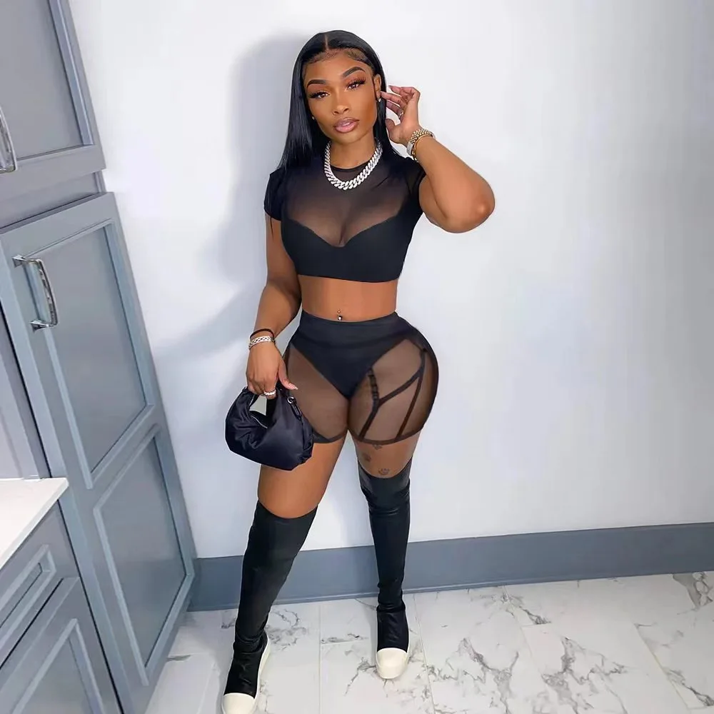 New Stylish European Style Tempting Angle Sexy Angle See Through Short Sleeve Mesh Pant Women Two Piece Set